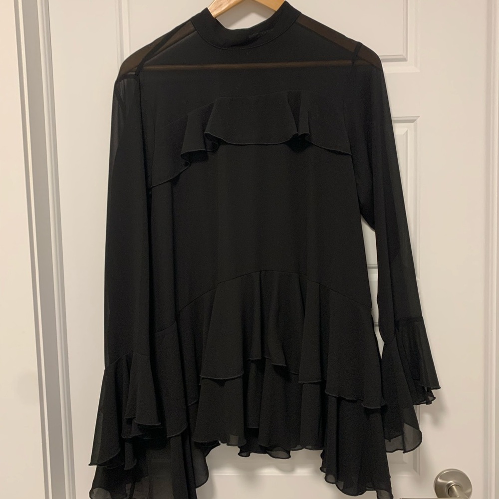 Suzy Shier Black Ruffle Blouse